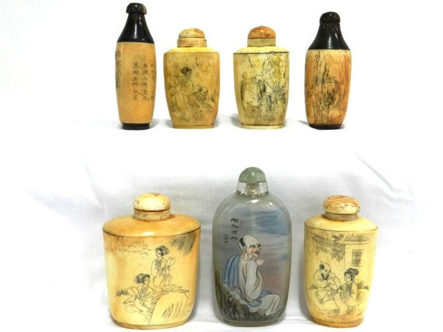 Collection Of 7 Asian Snuff Bottles: To include 4 bone snuff bottles (3 missing snuffer). Two boned body wih teek wood top and bottom. One painted glass body. All with normal use and wear.