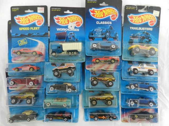 Collection Of 20 Hot Wheels: To include classic trailbusters, spied fleet and workhorses. CA 1980's, mint condition on cards.
