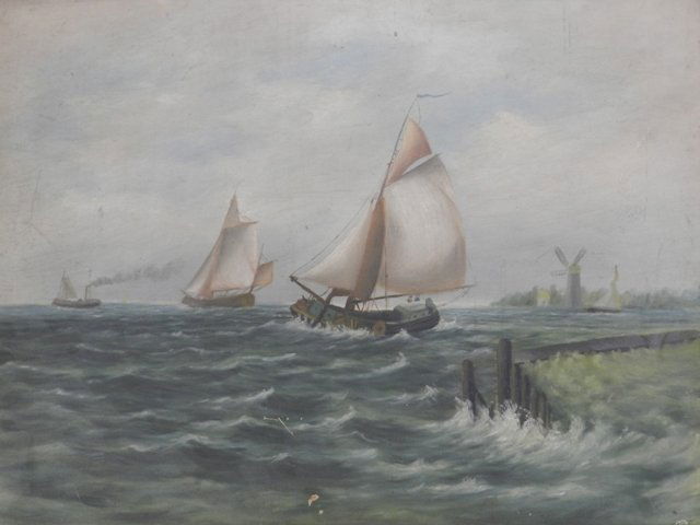 Oil on Board Painting "Sailing Ships": Unsigned oil on board painting of several sailing vessels on rough sea coast contained in original ornate gold gilded Ogee frame. 2 Scuffs to lower area as shown. Approx 24.5" x 18.5" image size with