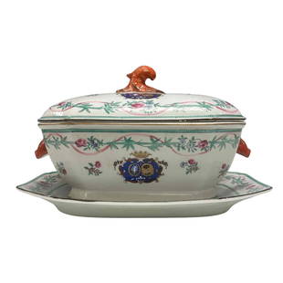 Chinese Export Porcelain Armorial Tureen & Platter: 18th Century Chinese export porcelain armorial and floral motifs covered tureen with figural animal handles and platter, hand-painted polychrome enamel rectangular form with canted corners. 9" H x