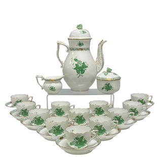 Herend Green Chinese Bouquet Pattern Porcelain Coffee / Tea Set: A (27pc) Piece Herend "Chinese Bouquet Green " Coffee Tea Service set. Comprising of lidded coffee pot 10.5 " tall (small nicks to green floral finial), twelve cups and twelve saucers, covered sugar b