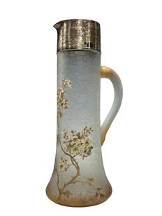 J.E. CALDWELL & Co Sterling Art Glass Tankard: 19th century, American Victorian era enameled frosted glass tankard or drink pitcher with a Sterling silver top marked J.E. CALDWELL and Co STERLING along lower edge. Measuring approx 14" tall. Appear