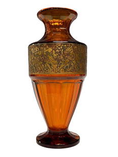 MOSER Art Deco Amber Art Glass Pedestal Vase: Early 20th century Moser Acid Etched Amber Vase, c.1930's, seated on cylindrical pedestal base with flared rim, in clear amber glass decorated with a banded border overlaid, cameo carved gilded with a