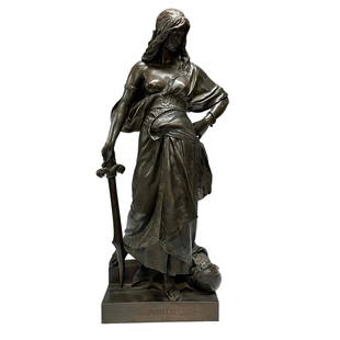 Eugene-Antoine Aizelin, (French, 1821-1902) JUDITH Bronze: A fine French, 19th century bronze of JUDITH by Eugene-Antoine Aizelin, (French, 1821-1902). Standing over the beheaded Holofernes, resting one hand on her sword with exposed breast. Judith, a God-fea