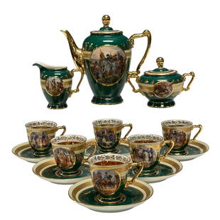 Royal Vienna - Carlsbad Napoleonic Scenes Tea Service Set: Fine decorated porcelain tea set service for 6 by Carlsbad. Various Napoleonic War scenic panels throughout. Very good overall condition. Made in Germany, Royal Vienns beehive mark and others as shown