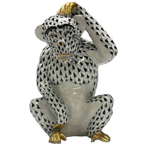 FIRST EDITION Herend Seated Monkey Porcelain Figurine: Large Herend porcelain seated monkey in black fishnet pattern scratching his head. Approx 6.25" tall. Good overall condition and marked on bottom as shown, FIRST EDITION HEREND