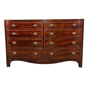 American, Mahogany Serpentine Dresser: 1940's traditional mahogany eight drawer dresser with serpentine bow front on bracket feet. Measuring approx 35" tall x 57" wide x 21" deep. Light scuffs and use, consistent with age, see photos