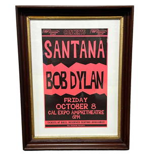 Vintage 1st Edition Bob Dylan / Santana Cal Expo Amphitheater Concert Poster: 1st Edition Vintage Santana and Bob Dylan presented by Miller Genuine Draft concert poster. A Bill Graham presentation. Excellent condition poster measures 10.5" x 16.5" w/frame 18" x 23.5"