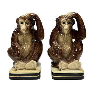 Japanese Takahashi Ceramic Monkey, Pair: Pair of vintage Japanese Takahashi ceramic monkey's. Stand approx 8.5" x 5" wide. These guys are great, very cute would make excellent book ends or decorative bar top conversation pieces.