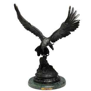 Jules Moigniez, Bronze Falcon Figurine: Bronze statue by Jules Moigniez titled "Falcon"; Statue is mounted on a marble plinth with the title and artist name on a brass plaque; Signed "J. Moigniez" at base of bronze; Measures approximately H