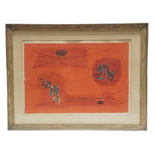 Gustave Singier (1909-1984) Abstract Lithograph 9/150: French artist Gustave Singier (1909-1984) pencil signed and numbered 9/150 abstract lithograph "Soleil-Eclosion". Having bright bold red/orange colorings. Measuring approx. 26" tall x 33.75" wide. In