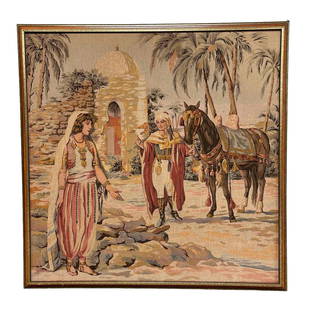 Rudolph Valentino  Tapestry as "Ahmed" in Son of the Sheik Movie: Rudolph Valentino tapestry of himself as "Ahmed" in Son of the Sheik. Circa 1940's Vintage oversize measuring approx 47.5" x 47.5" including the frame. Intricately woven tapestry featuring Valentino a