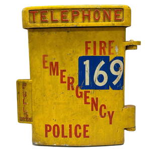 Telephone Emergency Call Box - ALARM Fire &amp; Police: Vintage, 20th century Telephone emergency call box, Fire &amp; Police, painted cast metal with raised lettering and labels. Interior fitted with phone as shown. Light wear as shown, consistent with ag