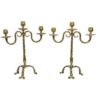 Elegant Pair of Regency English 3-Light Brass Candlesticks: 18th / early 19th century, English candlesticks with three lights. Twisted body on scrolling tripod bases. Petite and elegant size measuring approx 136" tall x 10.5" wide. good condition as shown, see