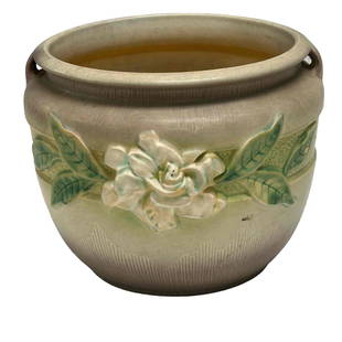 Roseville Gray Gardenia 602-8" Double Handled Pot: American Roseville pottery jardiniere or planter pot. Stamped with raised lettering and numbers on bottom as shown. Measuring approx 8" tall x 10.5" diameter. Light scuffs and wear as shown, consisten