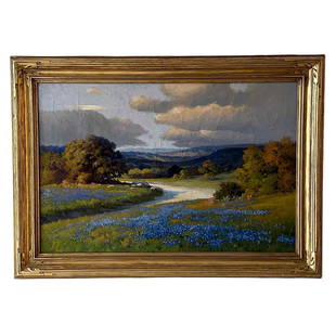 Robert William Wood (1889 - 1979) Texas Bluebonnets: ROBERT W. WOOD (American/Texas 1889-1979) A PAINTING, Texas Bluebonnets oil on canvas depicting and country landscape. Gallery label and title on verso as shown. Wonderful early example of his work. R