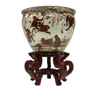 Fine Chinese Export Cache Pot Monkey Motif on Wood Pedestal Stand: Decorative Monkey motif decorated porcelain jardiniere on agarwood pedestal stand. Measuring approx 9.5" tall overall with stand x 7" diameter. Good condition as shown, see photos.