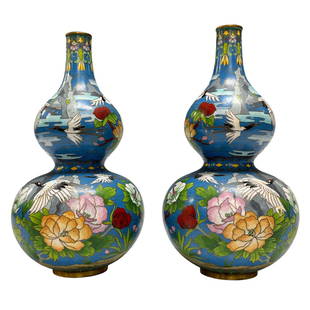 Fine Pair of Chinese Cloisonne Double Gourd Vases: A very fine pair of detailed cloisonne and gilt bronze vases depicting Red Crowned Crane birds, flowers, water lilies and blue hues in the watery background colors. Presentation delivers a feel of ser