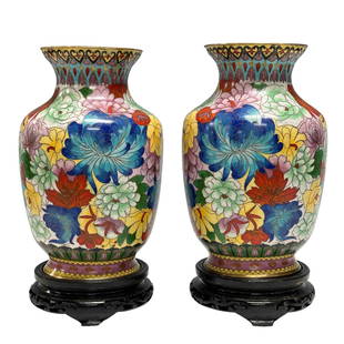 Fine Pair of Floral Cloisonne and Gilt Vases: A fine pair of Chinese cloisonne vases and gilt bronze on fitted teak wood pedestal stands. Full body floral pattern motif. Measuring approx 10.5" tall including the stands. Good condition as shown, s