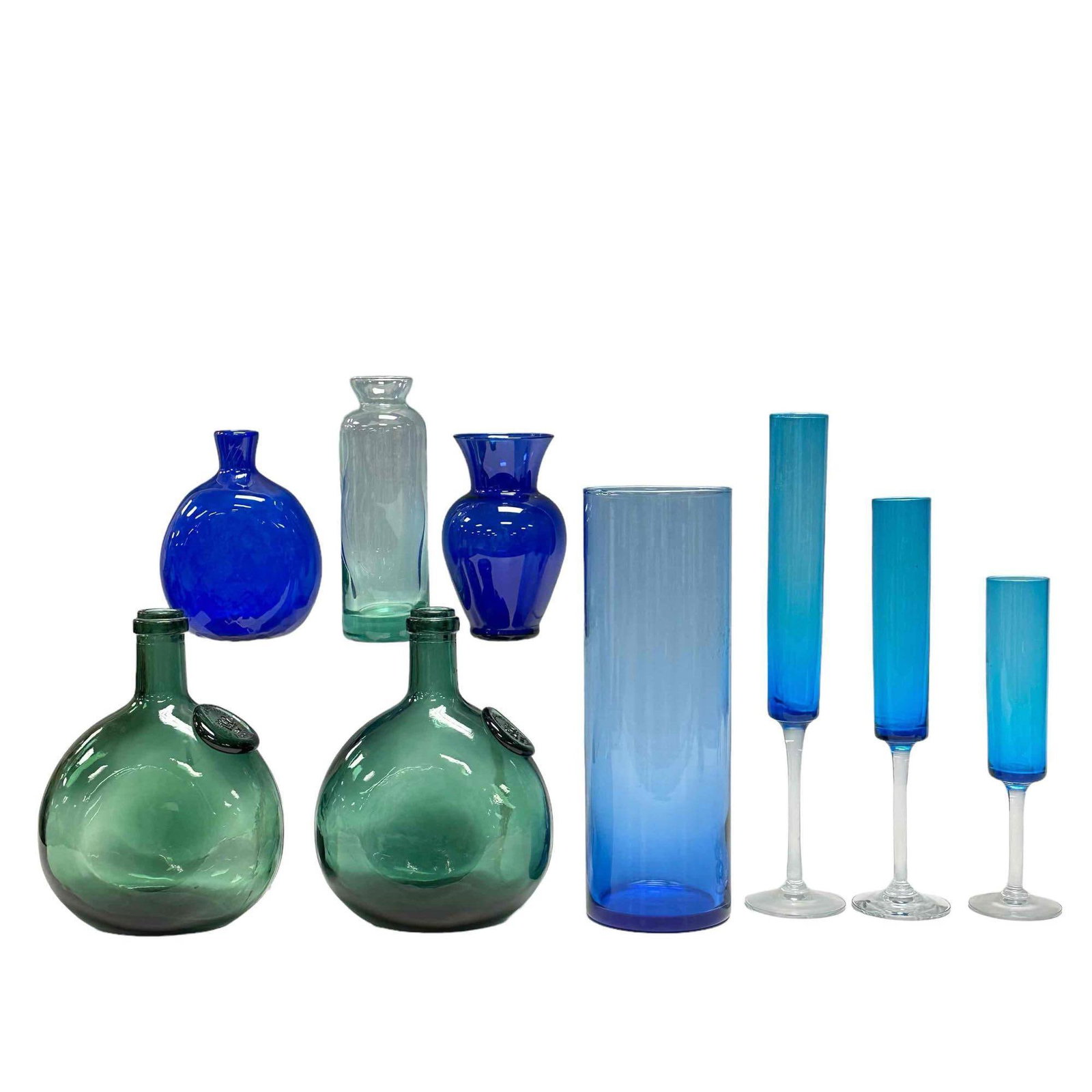 Collection of Misc Vintage Blown Glass: 9pc collection lot of hand blown glass. Liqour bottle, vase and fluted wine or chamagne glasses. Good shape no cracks or chips see photos for size'.