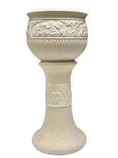 ROSEVILLE Donatello Ivory Jardiniere with Pedestal: Early 20th century, OHIO Roseville pottery pot (10.5" x 12") and matching pedestal in the DONATELLO pattern IVORY color. Measuring overall 29" tall. Light scuffs wear and used interior soiling as show