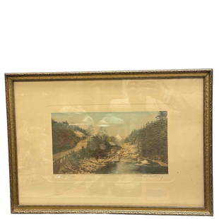 Wallace Nutting titled A Little River Lithograph: A signed Wallace Nutting litho set early 20th century period frame. Measuring approx 16.5" tall x 23" wide. Overall condition is good, as shown, see photos