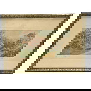Highland Blossoms Wallace Nutting Signed Litho: A Wallace nutting signed colored litho in period frame. Measuring approx 16" tall x 21.5" wide overall and 7.25" x 13.25" image sight size. Overall, good condition as shown, see photos