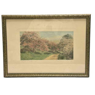 Highland Blossoms Wallace Nutting Signed Litho: A Wallace nutting signed colored litho in period frame. Measuring approx 16" tall x 21.5" wide overall and 7.25" x 13.25" image sight size. Overall, good condition as shown, see photos