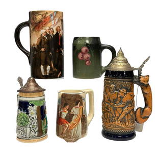 Group of Five (5) Beer Steins and Mugs: Includes an unmarked Weller pottery mug with grapes, German Fox handle lidded stein (pewter lid broke off as shown) and three other steins. Light use and wear as shown, see photos