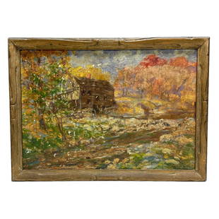 Augustus Smith Daggy (American, 1858-1942) COBBS MILL Conn: Early 20th century impressionist oil painting on canvas of COBBS MILL Connecticut by Augustus Smith Daggy (American, 1858-1942) signed and dated 1928 in lower right. Measuring approx 14" tall x 20"