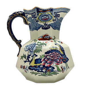 Antique Masons Ironstone Picture Water Jug: Antique Masons Patent Ironstone picture or water jug. Japanese floral and peacock scene with serpent or dragon handle. Good condition see photos, no cracks or repairs. Stands 12" tall by 9" x 11"