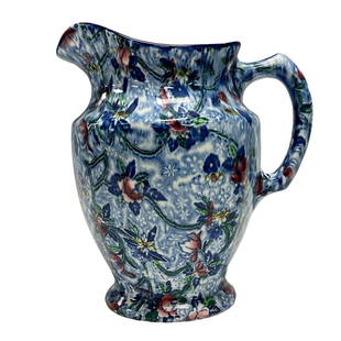 Ringtons New Castle Teas Maling Ware Jug: Original Blue Chintz maling ware picture jug for Ringtons Tea, Newcastle On-Tyne 8.5" tall. Glossy tapered octagonal jug enameled red/yellow flowers. Super colorful large 1930 Maling Ware for Rington'