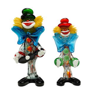 Two Murano Glass Clowns: These are really cool, fun pieces. So much detail and fun bright colors great display pieces to bring smiles. Stand 9" and 10" tall. The 10" clown with the guitar in his hands, does appear to have a p