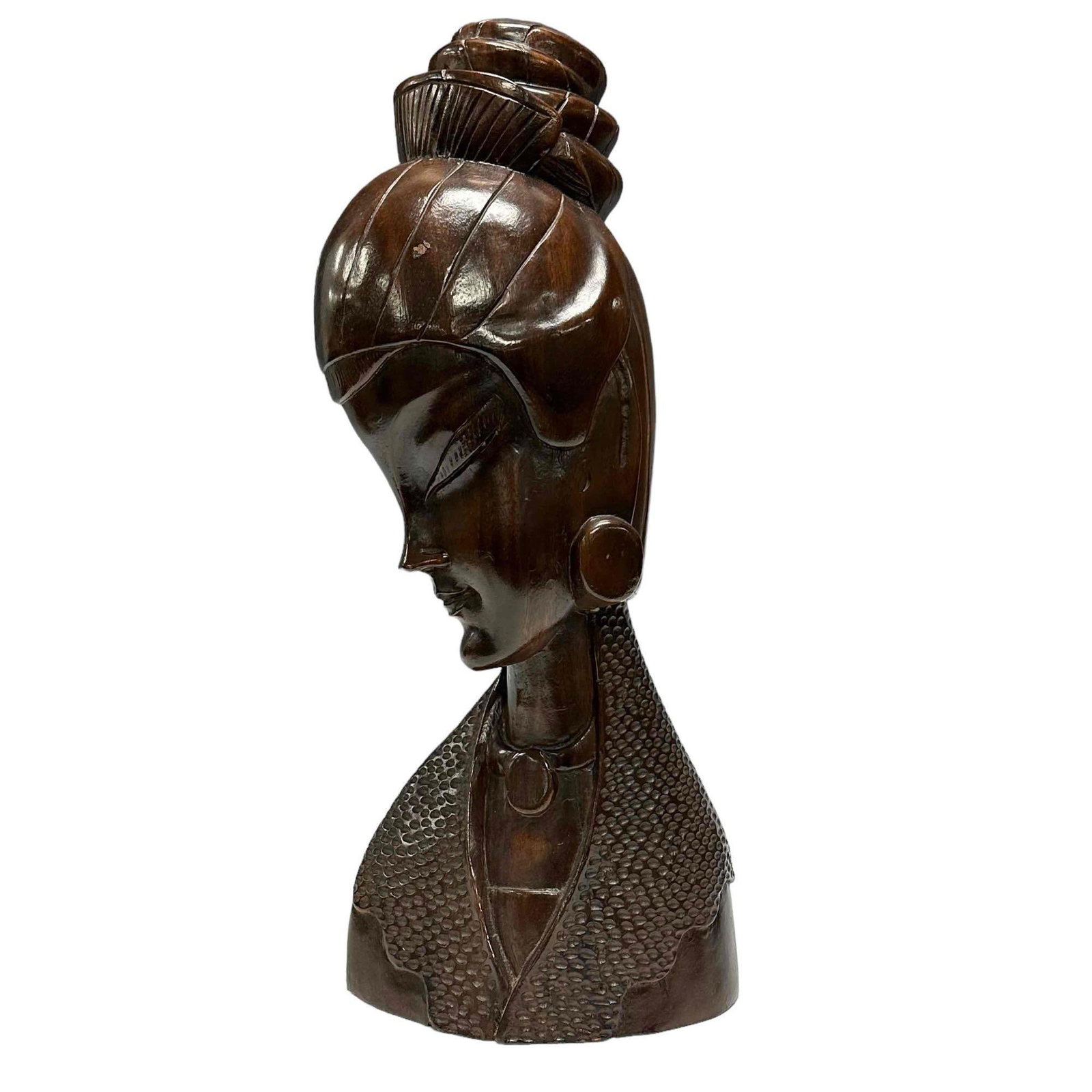 Wood Carved Geisha Lady Bust: Large hand carved Balinesian Zebra wood bust of geisha lady. Nicely done carving stands approx 20" tall. Good condition minus small scuff on head. see photos.
