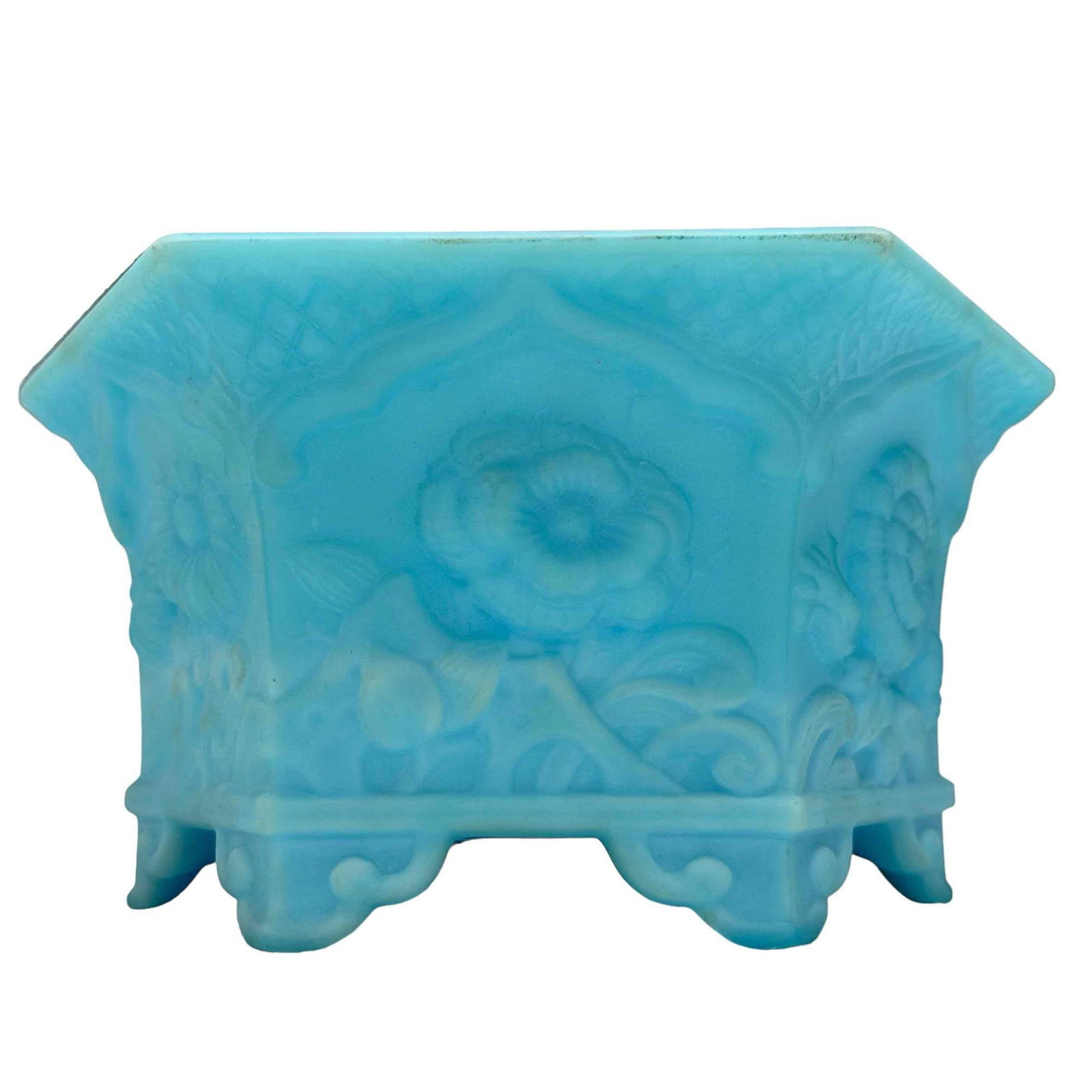 Fenton Blue Custard Glass Hexagonal Bowl: Vintage Fenton blue satin chrysanthemum planter hexagonal footed 1970 art glass. 8.5" x 4.5" . good condition no seen damage or repairs. see photos.