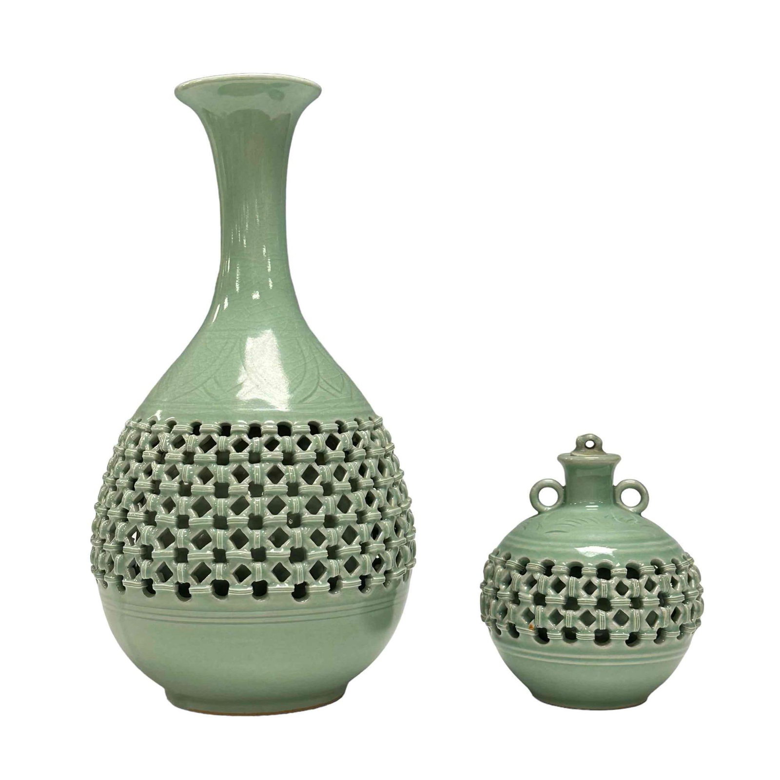 Antique Korean Basket Weave Celadon & Vase Pottery (1 of 20)