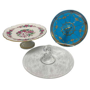 Limoges Cake & Sandwich Platters: Great 5" tall x 10.5" dia Limoges gold gilt white porcelain floral cherry blossom cake stand. An etched floral and ribbon etched clear glass sandwich platter. Blue milk glass with Greek style gold gil