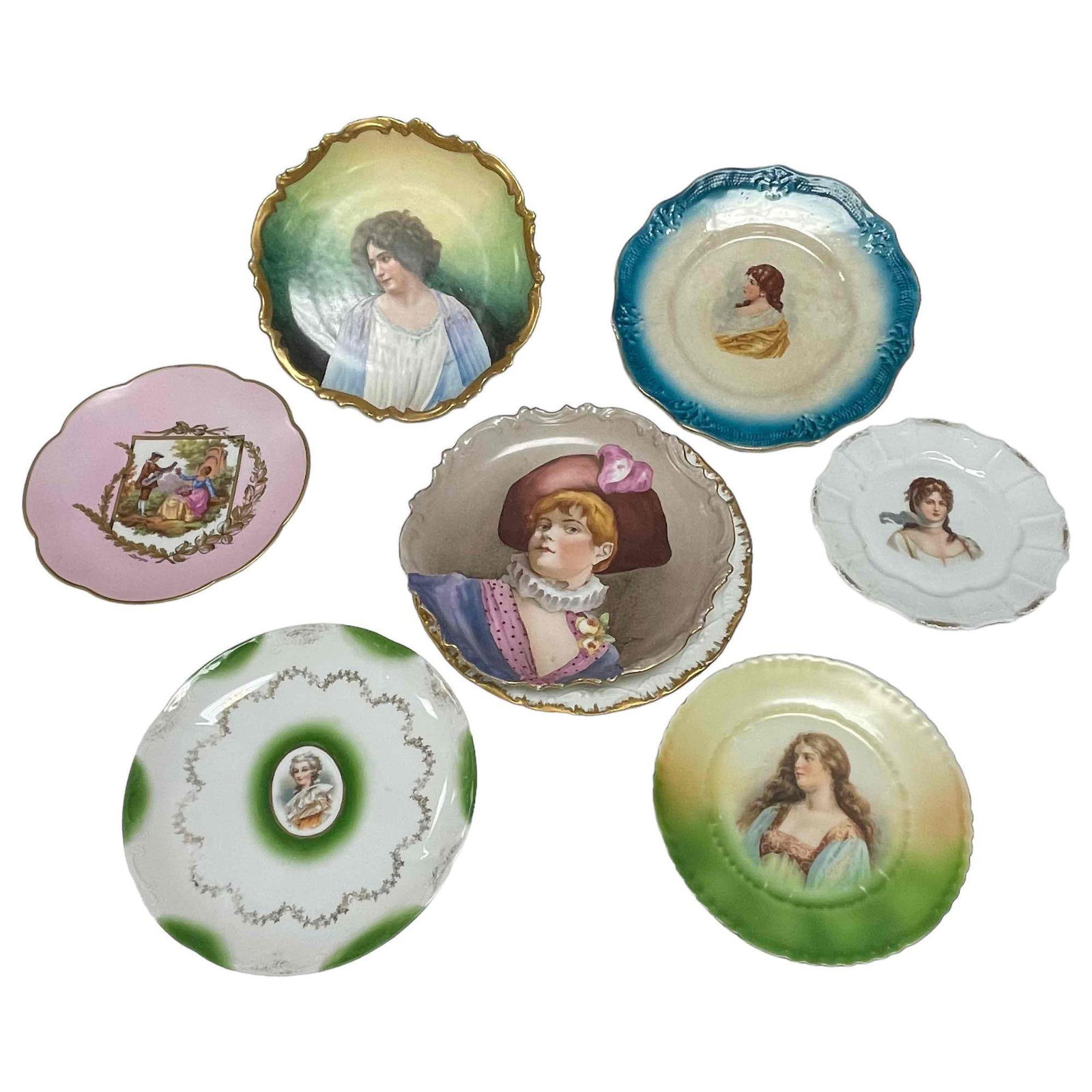 Collection of Cabinet Portrait Plates: Collection of various painted Limoges cabinet plates. Depicting various male female portraits. Overall good condition see photos. 7"-11"