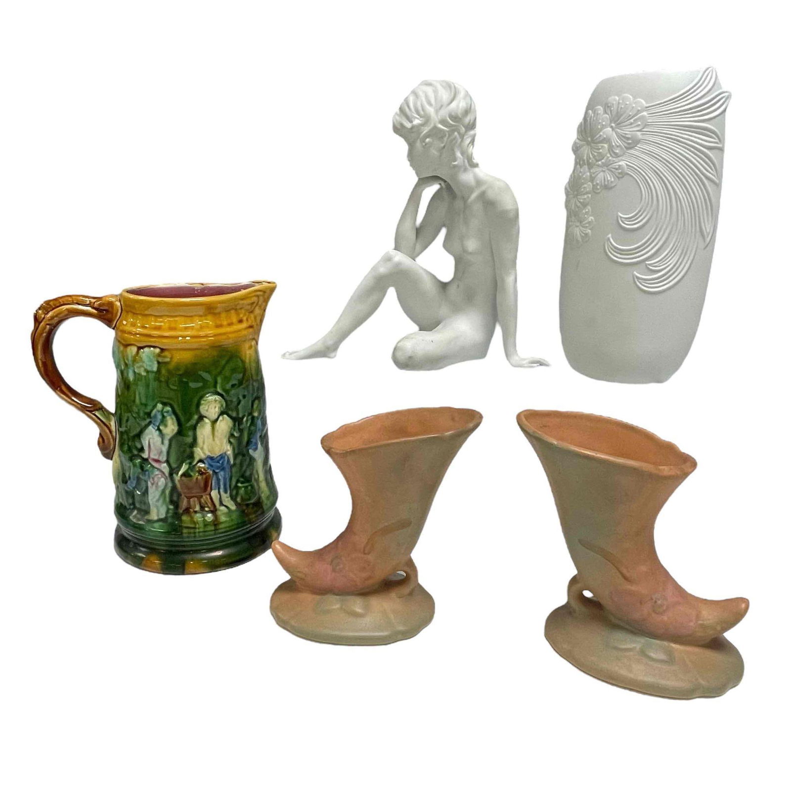 Kaiser and Weller Pottery Lot: Kaiser bisque floral embossed vase and sculpture of nude woman. Pair of Weller cornucopias, and a glazed ceramic pitcher marked on bottom. all in good condition see photos for details. figure, vase an