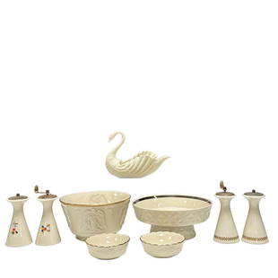 9pc LENOX Ivory and Gilt Porcelain Group Lot: Includes two salt and pepper shakers, pedestal center bowl approx 4" tall x 10" diameter, The Music of Angels Bowl 8.5" in diameter, two 4" dia berry bowls and a swan approx 6.5" tall x 9" long. All i