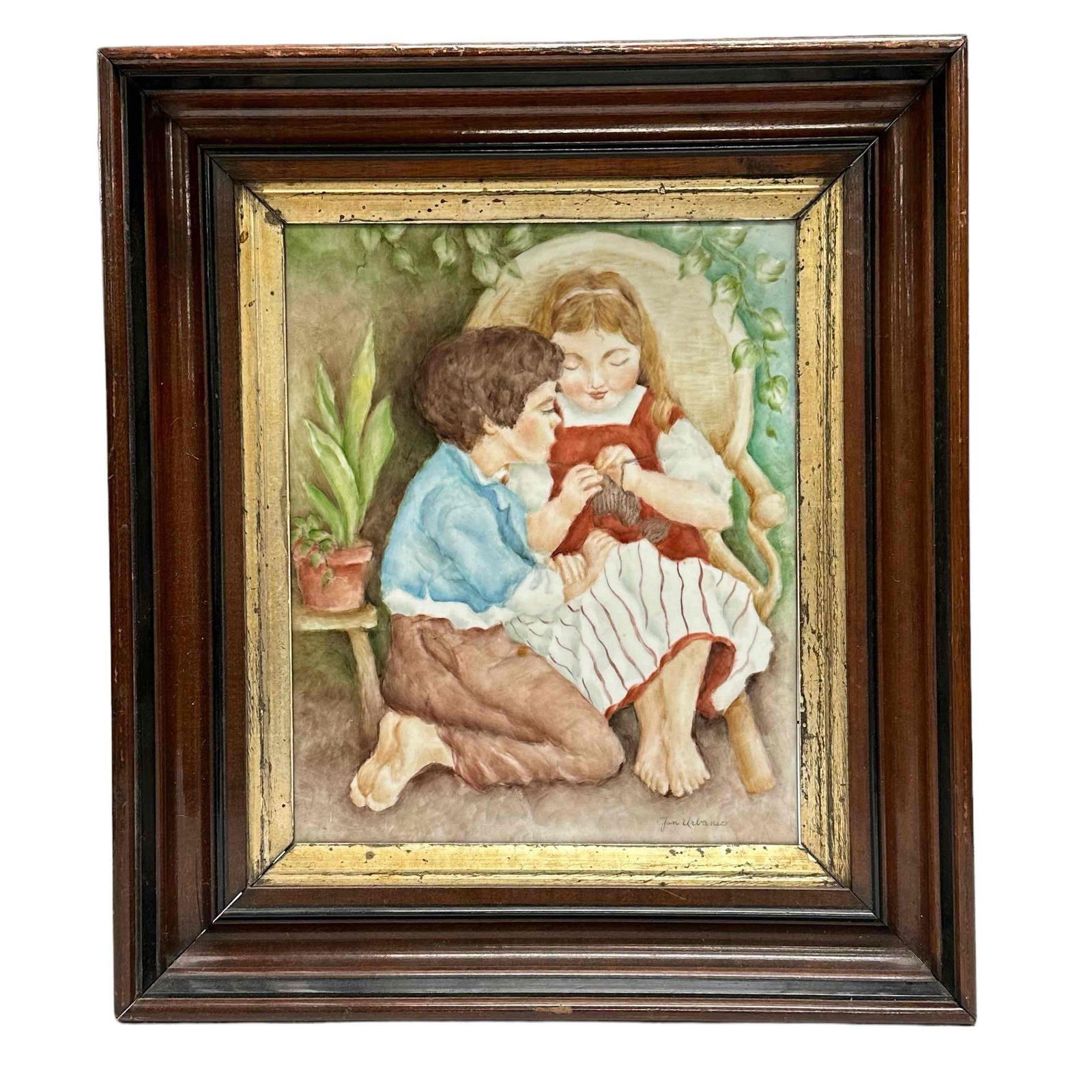 Painted Porcelain Tile of Children Knitting in Victorian Frame (1 of 15)