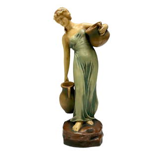 Bernard Bloch Art Nouveau Female Figurine: Bernard Bloch Austrian, 19th and 20th century artist. Stamped with impressed mark on bottom as shown. Crazing throughout as shown, see photos. Measuring approx 13.5" tall.