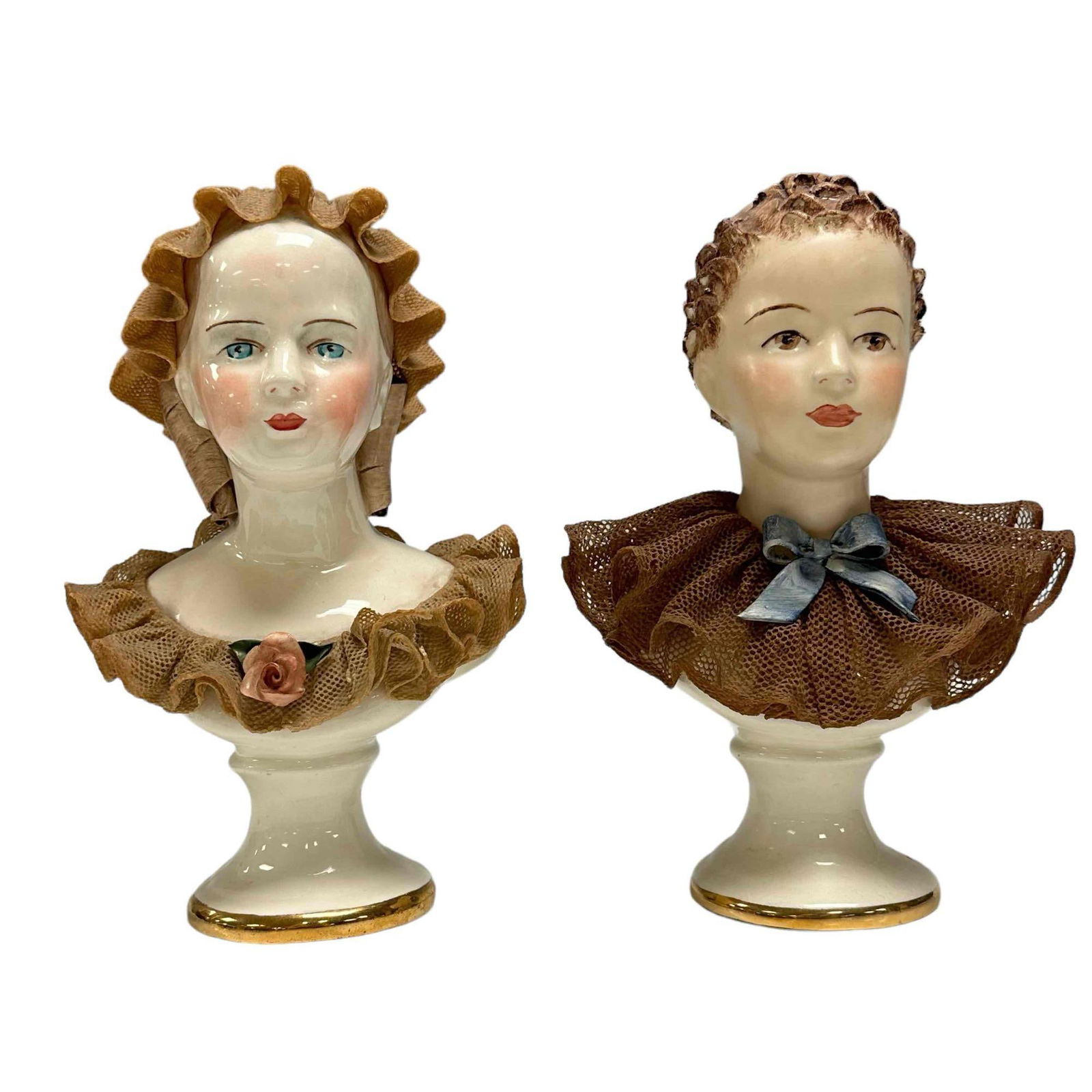 California Dresden by AVIS Porcelain Busts: Pair of 1950s California Dresden bust by Avis Raphael 2423 and French Miss 2430. Approx. 7 3/4" tall. In good age appropriate condition with some minor lace loss, see photos.