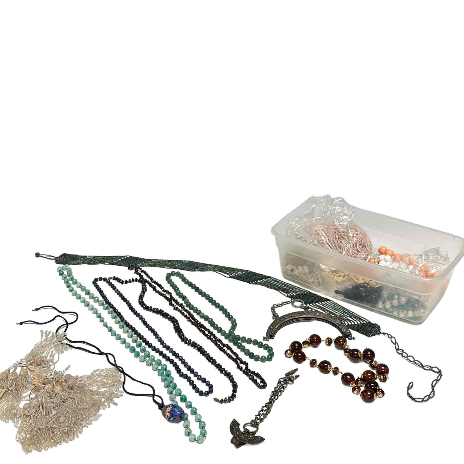 Large Group Lot of Various Costume Jewelry: Necklaces, glass beads, purse clasp, clear glass 16 clear glass fringe beaded tassels, agates and more. All vintage with light use and wear as shown. See photos for details