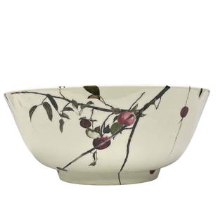 Royal Doulton Andrew Wyeth Center / Punch Bowl: Royal Doulton Andrew Wyeth porcelain punch bowl- white porcelain bowl decorated with fruit and branches, marked Royal Doulton / Andrew Wyeth. Measuring approx 5''h, 12 1/2''dia. Shows some heavy crazy