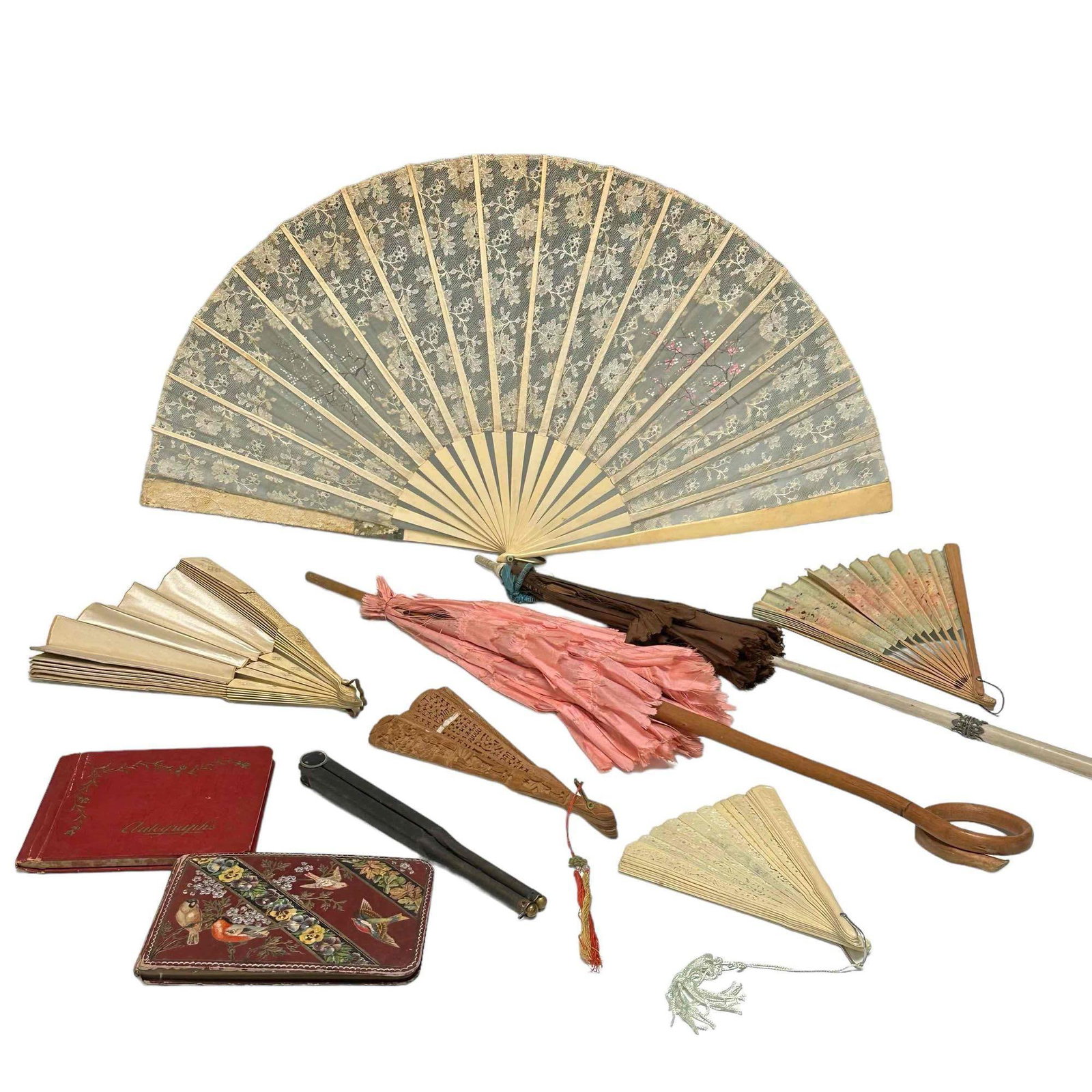 Two Antique Parasols, Ladies Fans and Albums: Includes a collection of various ladies fans, two parasols (tattered silk as shown) and two albums. See photos for details as shown.
