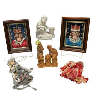 Unique Group of Monkey Related Collectible Items: Including an English white porcelain figurine, two needlepoint King and Queen portraits of monkeys in Victorian American Walnut frames wood carved ear no evil speak no evil see no eviil and two resin