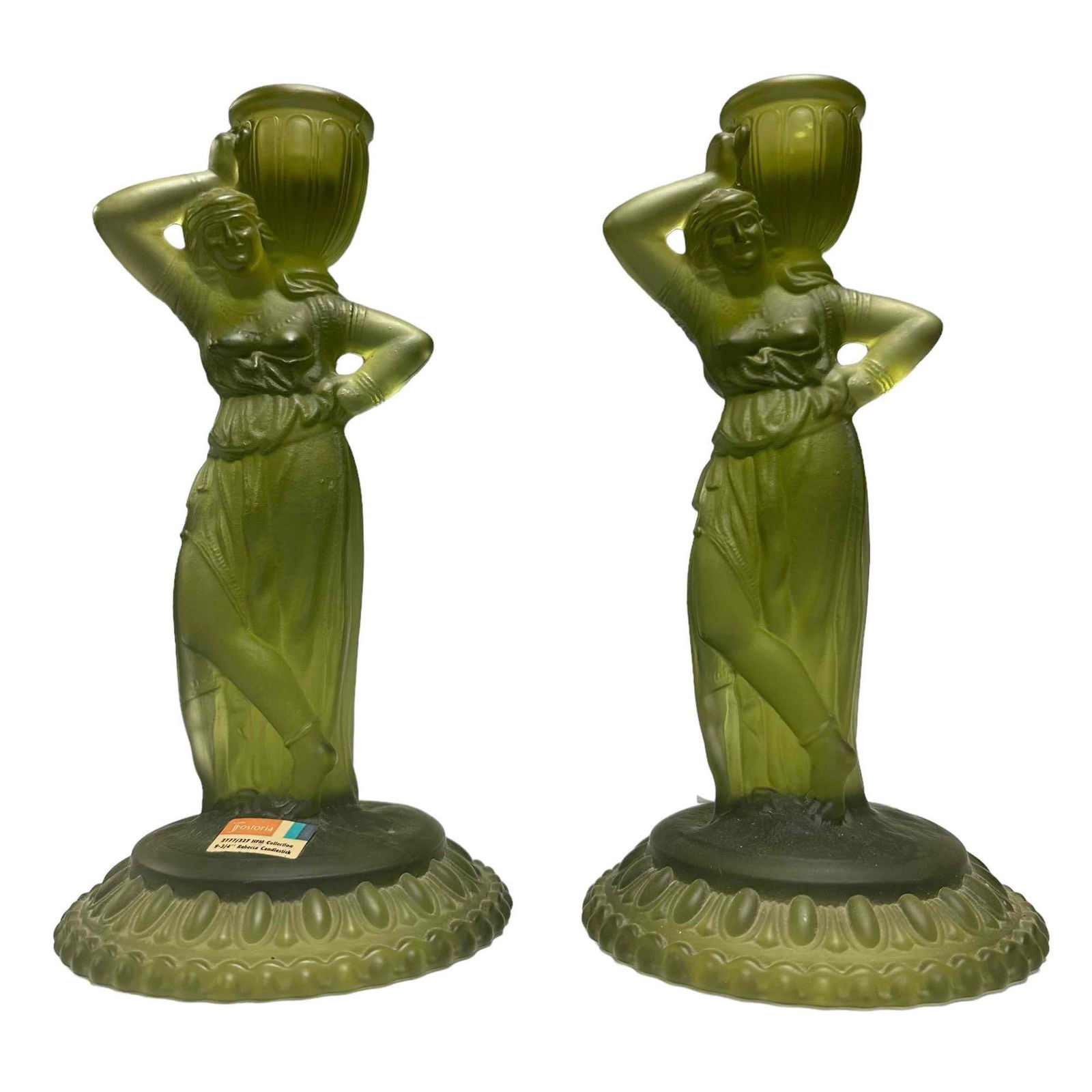 Pair of REBECCA Candlesticks in Olive Green Glass (1 of 20)