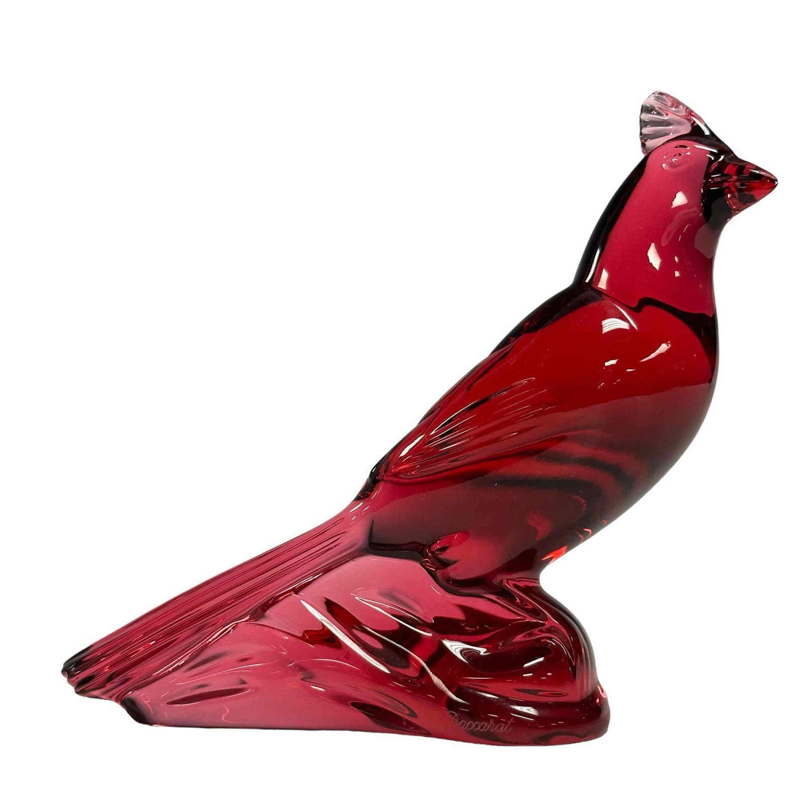 Baccarat Cranberry Crystal Cardinal: A fine French crystal Cardinal bird in cranberry color by Baccarat. Marked to lower edge and bottom. 4-3/4" high x 5-3/4" wide. Good condition, no issues