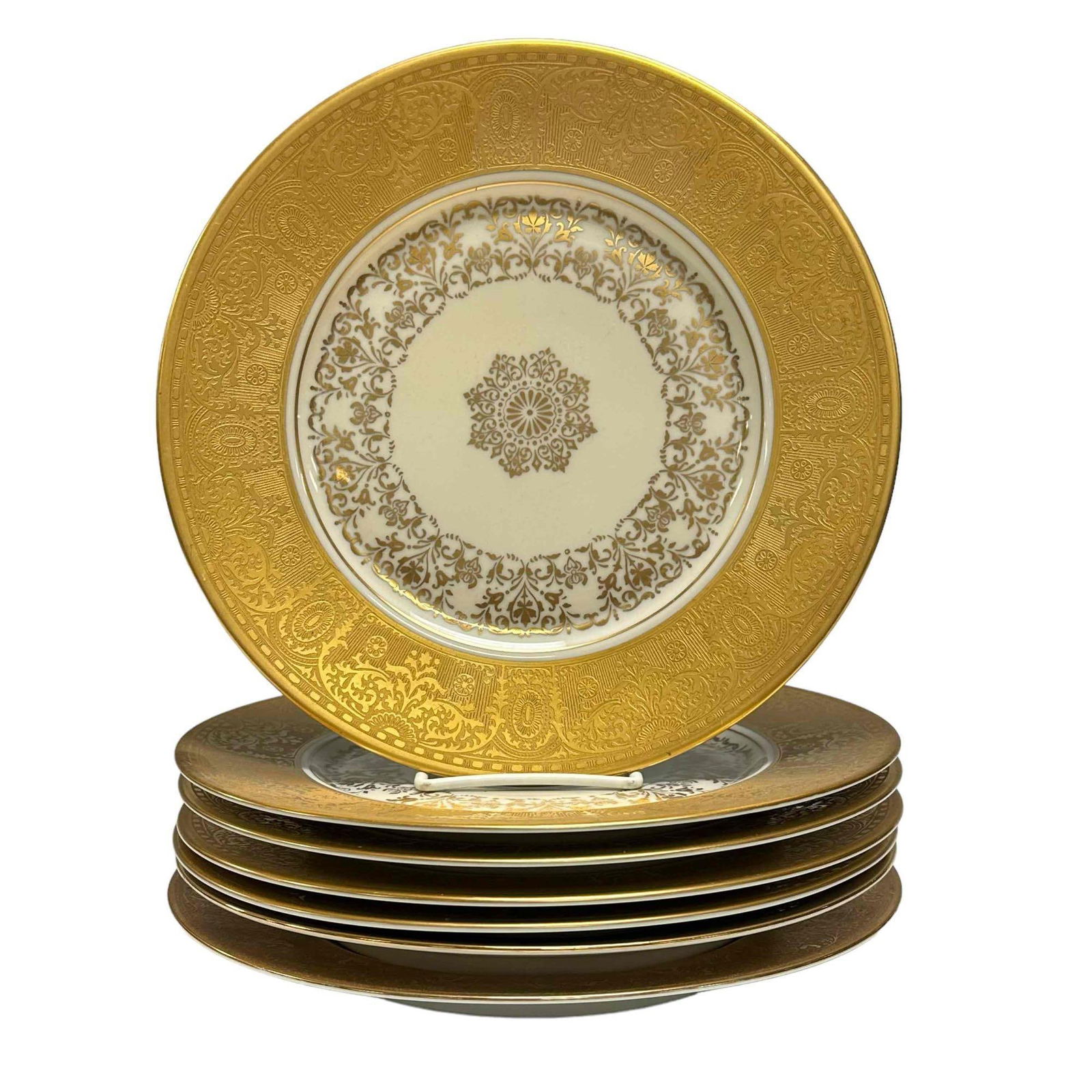 Hutschenreuther and MCP Czecholslvakia Dinner Plates (7): Five heavily gilted MCP Czecholslvakia dinner plates designed for Ovingtons New York. Measuring approx. 10.75" in diameter. In very good condition with a few minor utensil marks. Two Royal Bavarian Hu